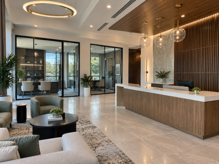 Modern commercial reception area with wood finishes and glass offices.
