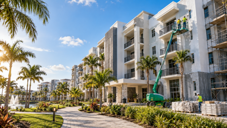 Multifamily building exterior renovation with a boom lift, scaffolding, and palm-lined landscaping.