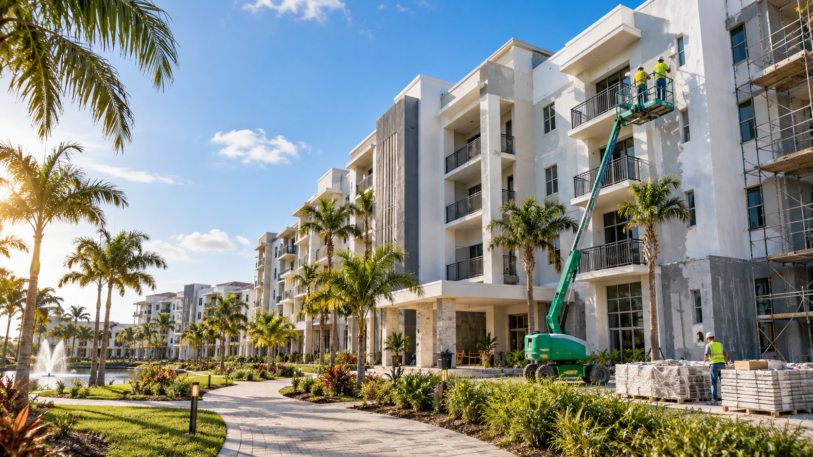 Multifamily building exterior renovation with a boom lift, scaffolding, and palm-lined landscaping.